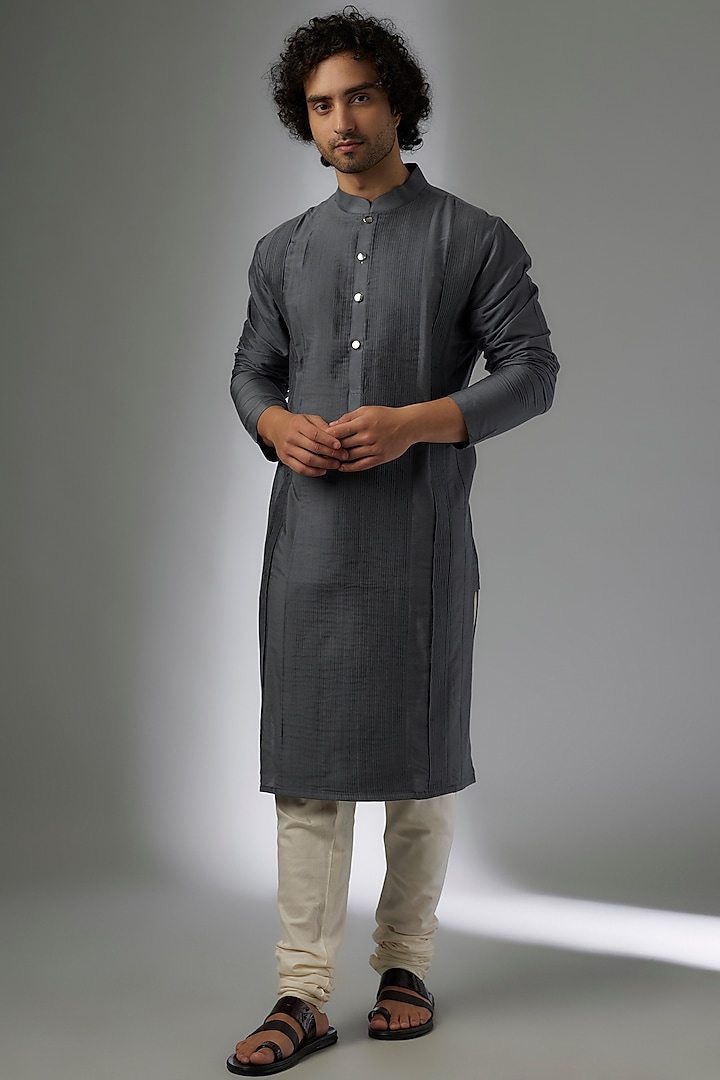 Dark Grey Silk Textured Kurta Set by MAPXENCARS at Pernia's Pop Up Shop