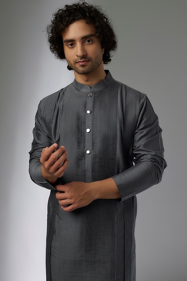 Dark Grey Silk Textured Kurta Set by MAPXENCARS at Pernia's Pop Up Shop