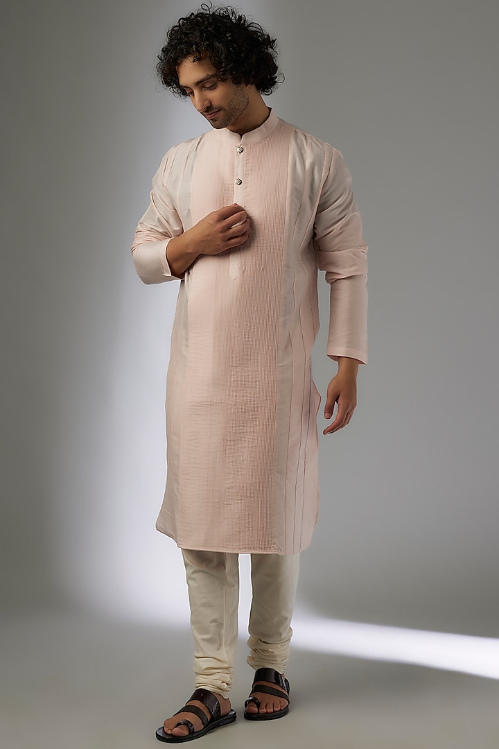 Baby Pink Silk Pleated Kurta Set by MAPXENCARS