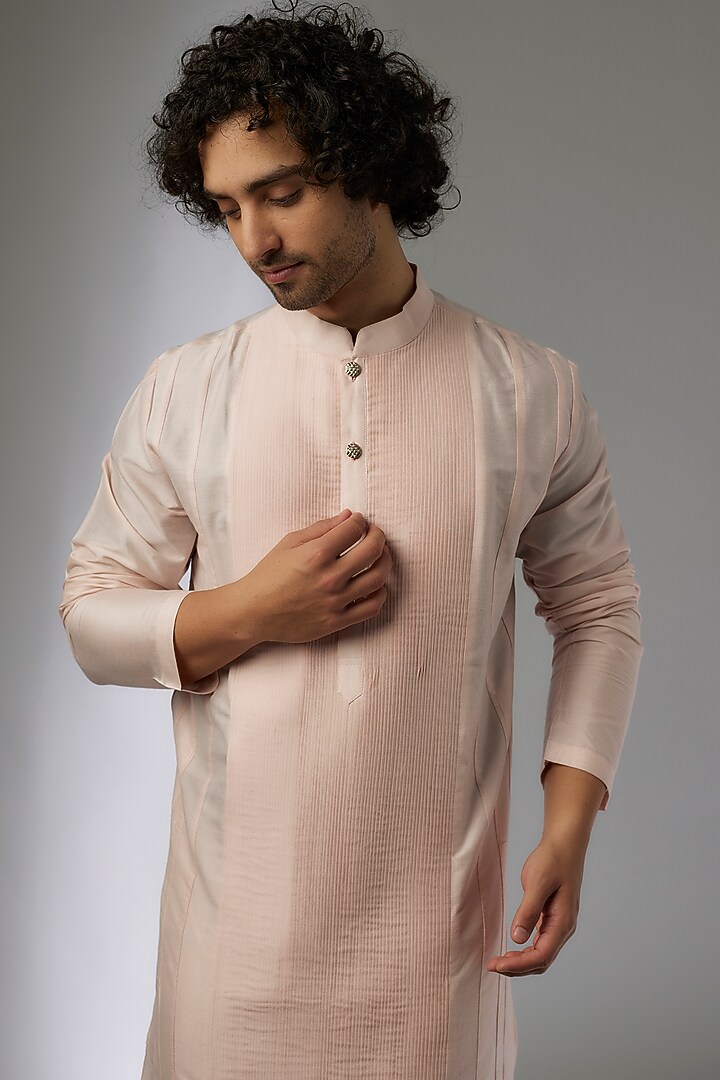 Baby Pink Silk Pleated Kurta Set by MAPXENCARS at Pernia's Pop Up Shop