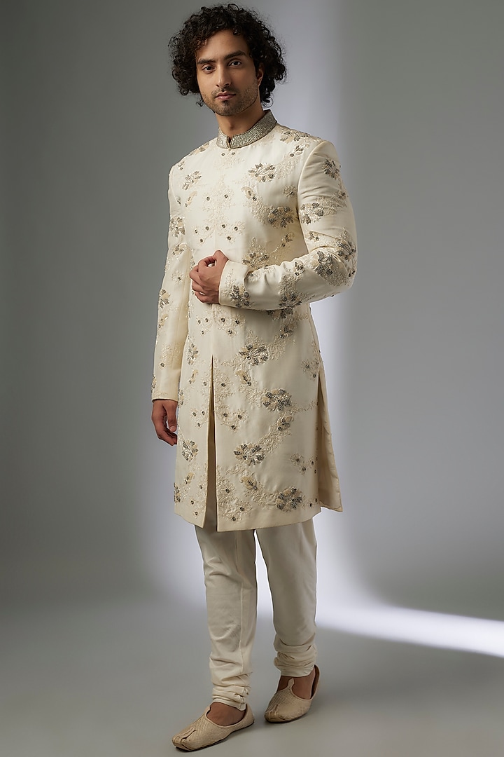 Off-White Silk Brocade Zardosi Embroidered Sherwani Set by MAPXENCARS