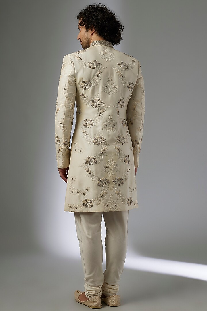 Off-White Silk Brocade Zardosi Embroidered Groom Sherwani Set by MAPXENCARS at Pernia's Pop Up Shop