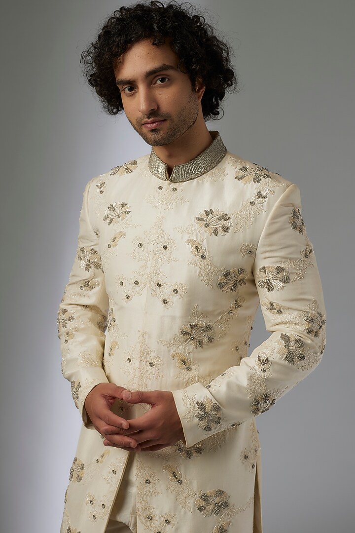 Off-White Silk Brocade Zardosi Embroidered Groom Sherwani Set by MAPXENCARS at Pernia's Pop Up Shop