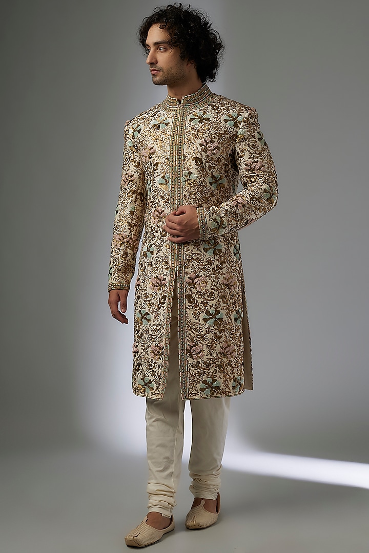 Off-White Silk Brocade Zardosi Embroidered Sherwani Set by MAPXENCARS