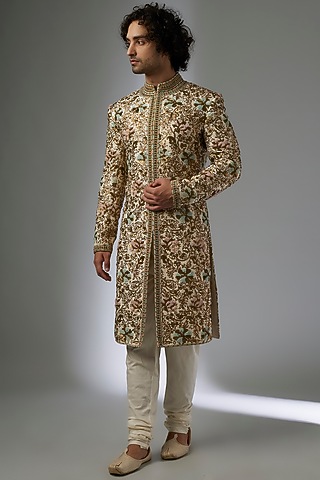 Off-White Silk Brocade Zardosi Embroidered Sherwani Set by MAPXENCARS