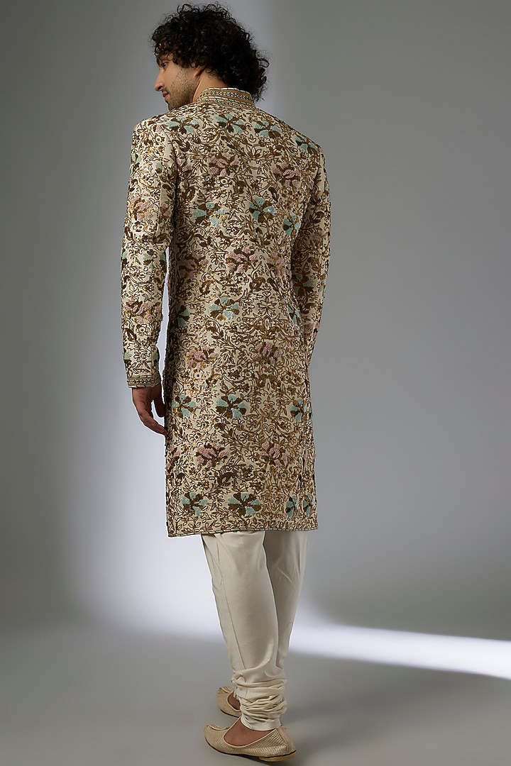 Off-White Silk Brocade Zardosi Embroidered Groom Sherwani Set by MAPXENCARS at Pernia's Pop Up Shop