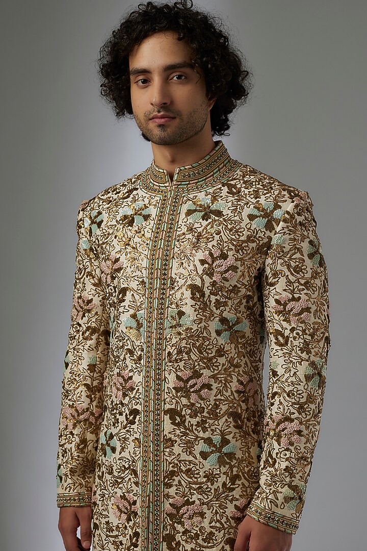 Off-White Silk Brocade Zardosi Embroidered Groom Sherwani Set by MAPXENCARS at Pernia's Pop Up Shop