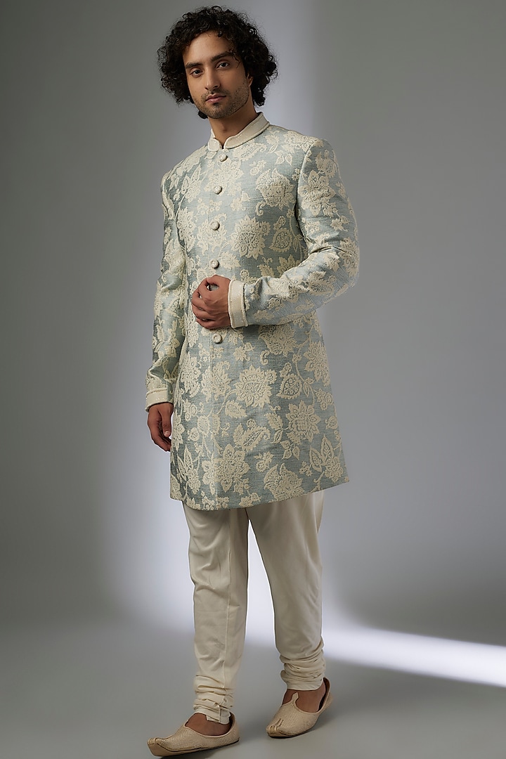 Grey Silk Brocade Embroidered Sherwani Set by MAPXENCARS