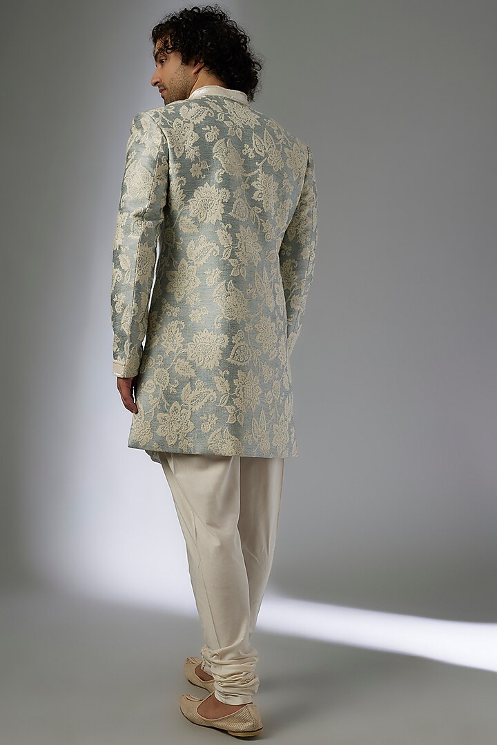 Grey Silk Brocade Embroidered Groom Sherwani Set by MAPXENCARS at Pernia's Pop Up Shop