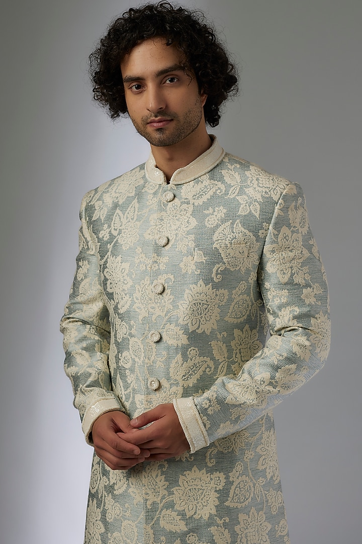 Grey Silk Brocade Embroidered Groom Sherwani Set by MAPXENCARS at Pernia's Pop Up Shop