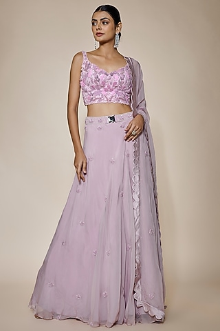 Lilac Organza Motif Embroidered Lehenga Set by MARGI