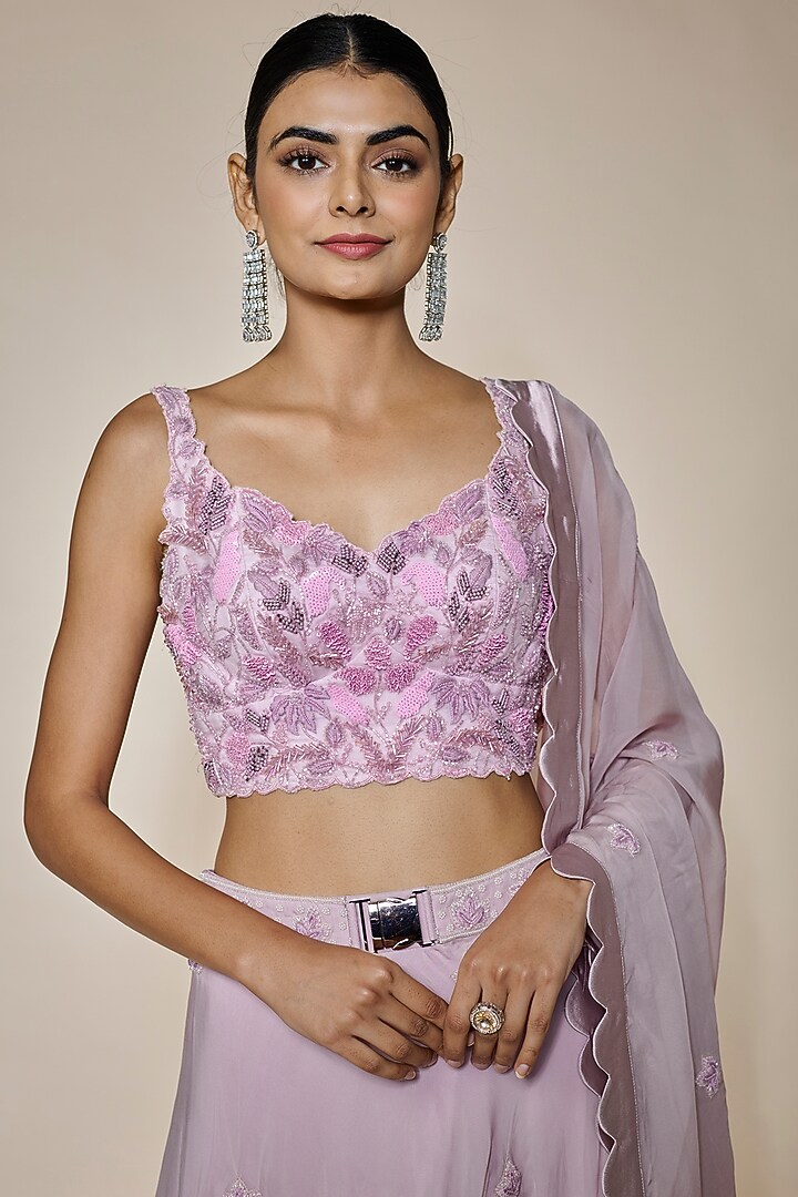 Lilac Organza Motif Embroidered Wedding Lehenga Set by MARGI at Pernia's Pop Up Shop