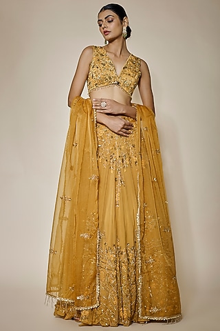 Mustard Yellow Organza Sequins Embroidered Lehenga Set by MARGI