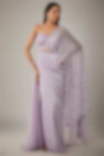 Lilac Satin & Georgette Embroidered Gown Saree Set by MARGI