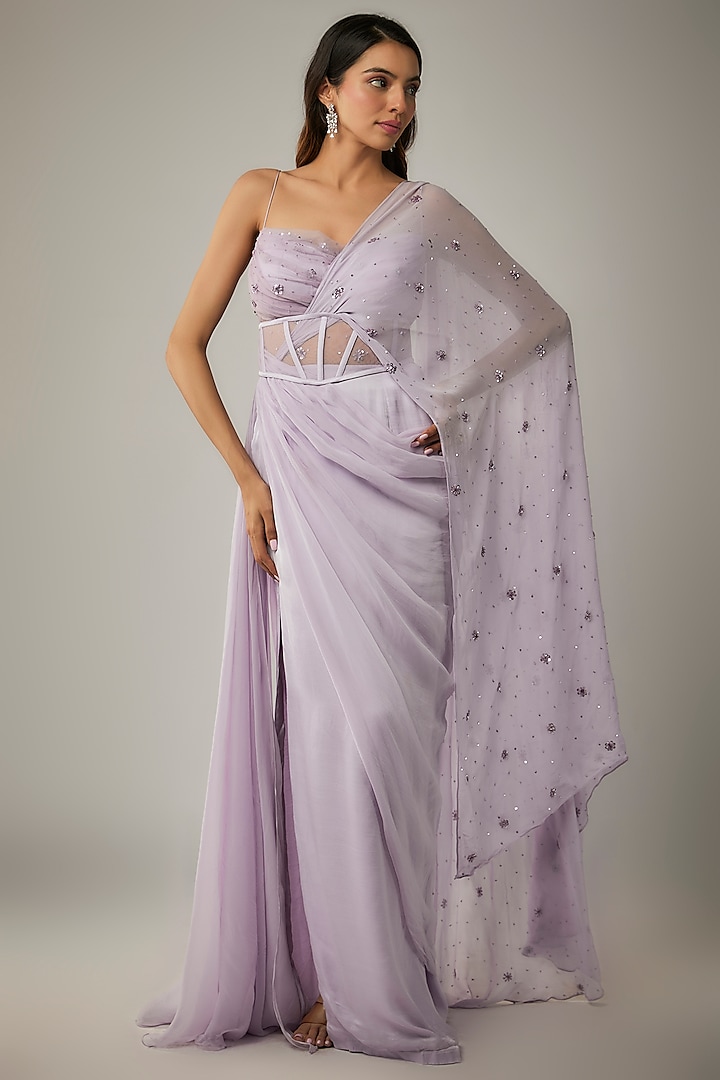 Lilac Satin & Georgette Embroidered Gown Saree Set by MARGI