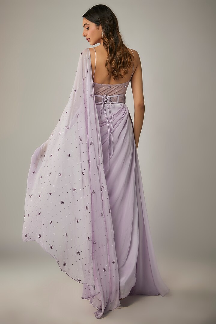 Lilac Satin & Georgette Embroidered Party Wear Gown Saree Set by MARGI at Pernia's Pop Up Shop