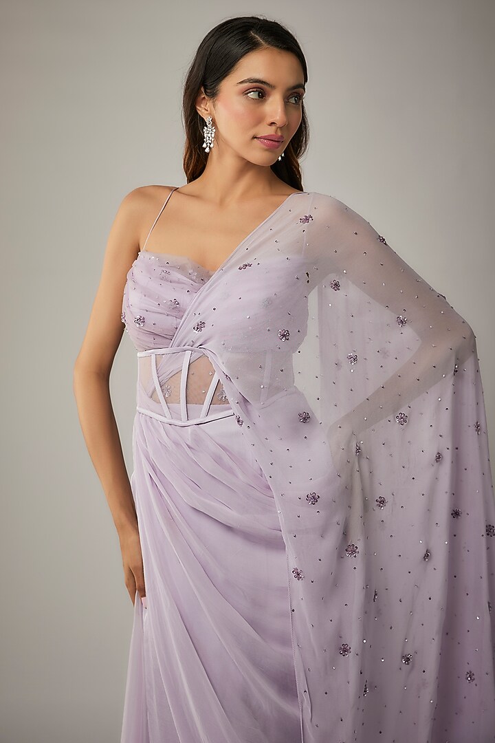 Lilac Satin & Georgette Embroidered Party Wear Gown Saree Set by MARGI at Pernia's Pop Up Shop