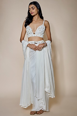 Ivory Satin Draped Skirt Set by MARGI