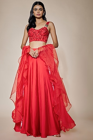 Red Satin Lehenga Set by MARGI