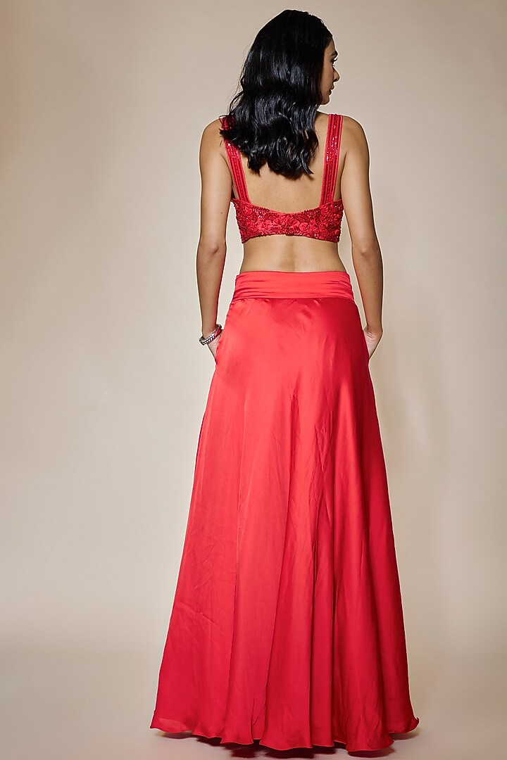 Red Satin Wedding Lehenga Set by MARGI at Pernia's Pop Up Shop