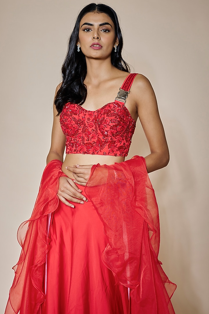 Red Satin Wedding Lehenga Set by MARGI at Pernia's Pop Up Shop