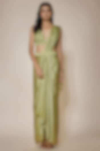 Sage Green Satin Draped Skirt Saree Set by MARGI