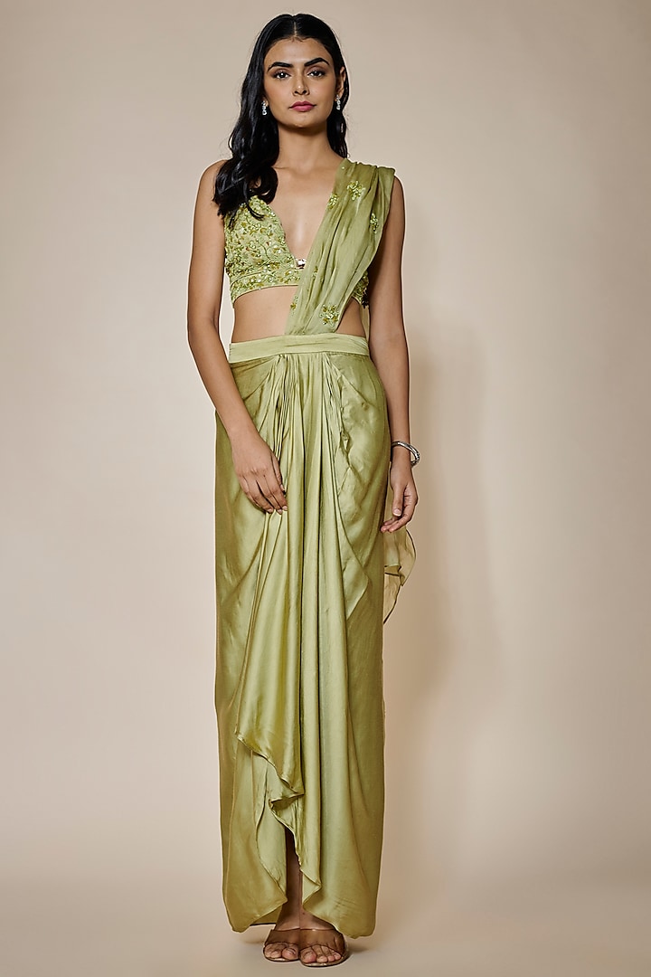 Sage Green Satin Draped Skirt Saree Set by MARGI
