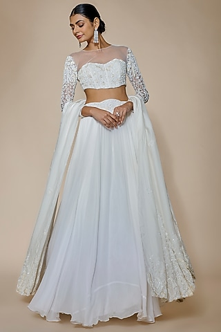 Ivory Georgette Lehenga Set by MARGI