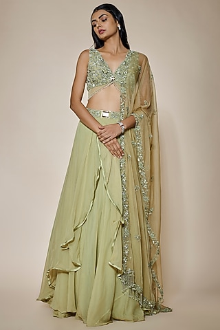 Sage Green Organza Lehenga Set by MARGI