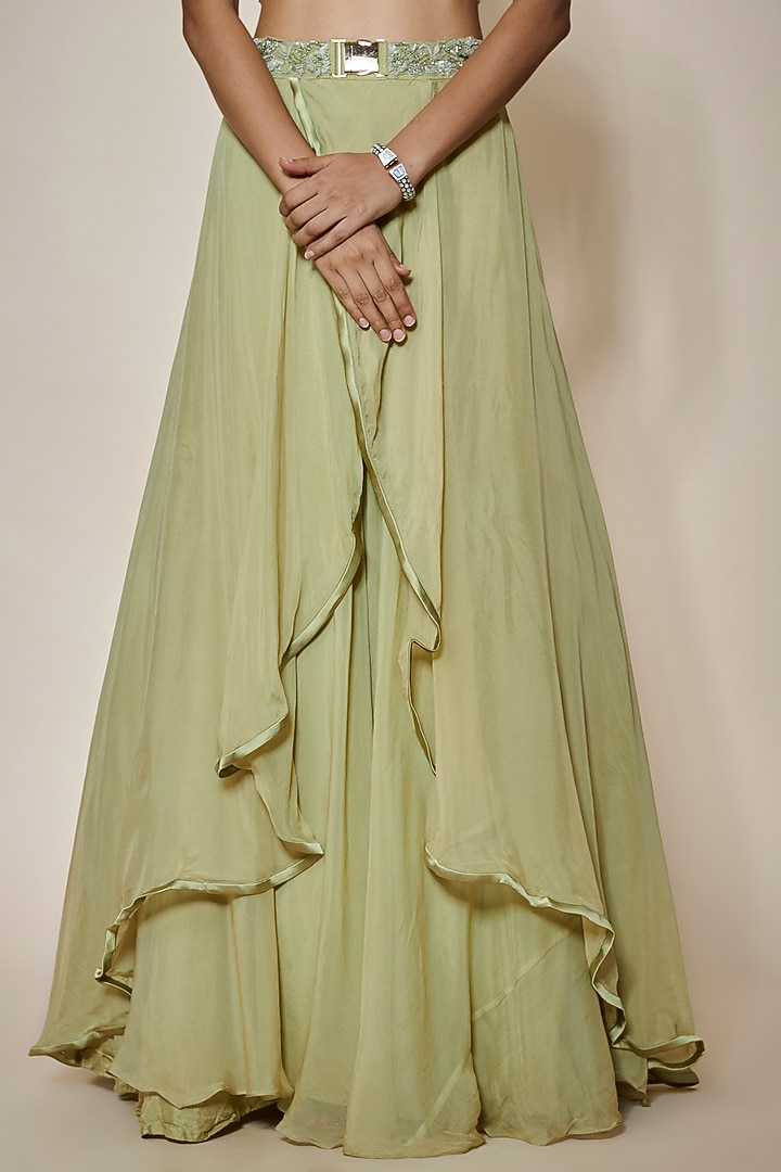 Sage Green Organza Wedding Lehenga Set by MARGI at Pernia's Pop Up Shop