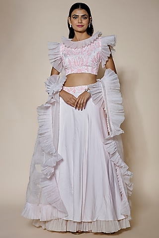 Pink Satin & Organza Lehenga Set by MARGI
