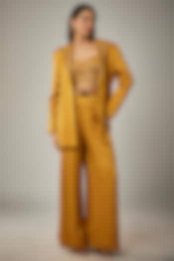 Mustard Yellow Satin Thread & Sequins Embellished Blazer Set by MARGI