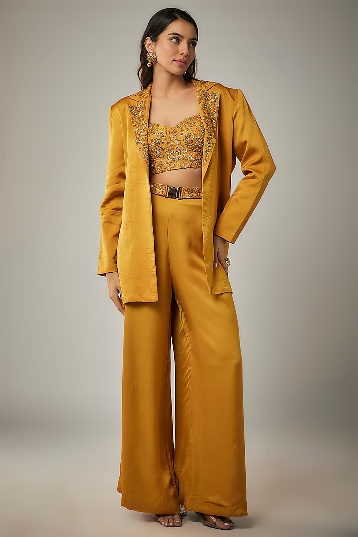 Mustard Yellow Satin Thread & Sequins Embellished Blazer Set by MARGI