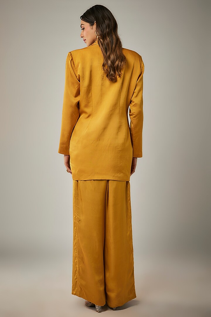 Mustard Yellow Satin Thread & Sequins Embellished Blazer Set by MARGI at Pernia's Pop Up Shop