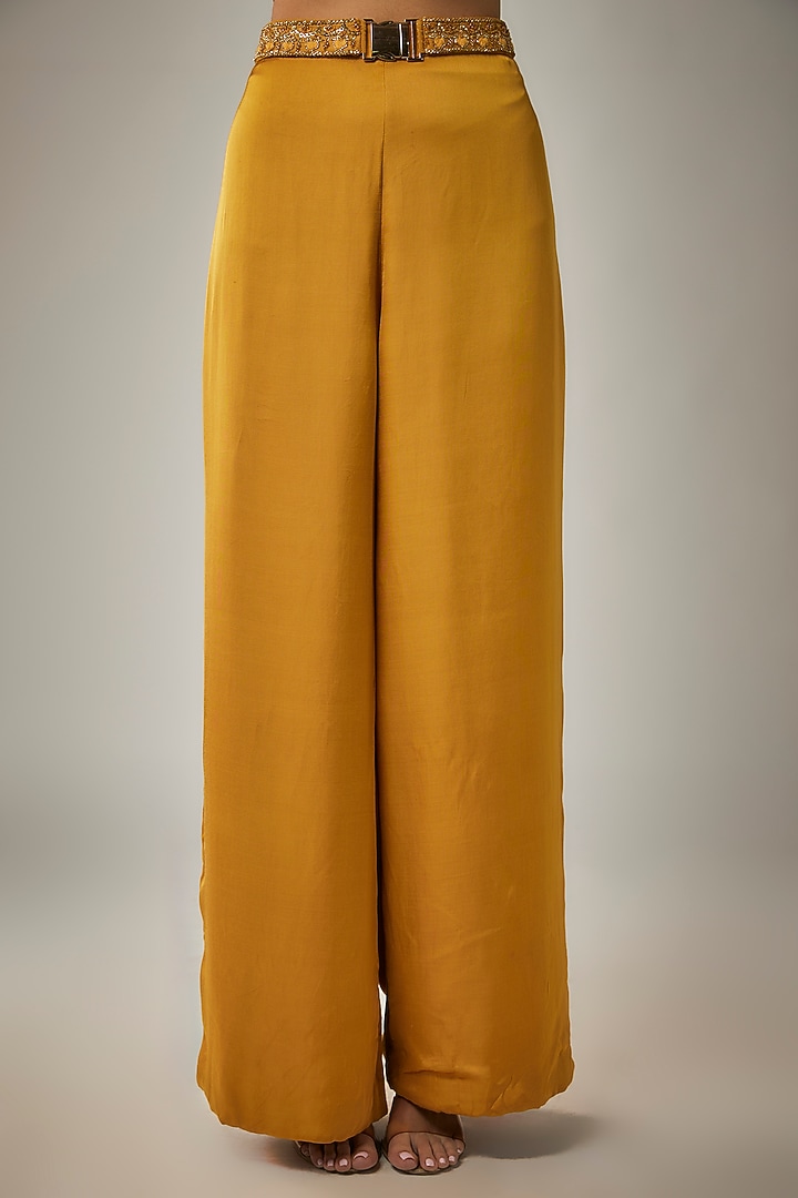 Mustard Yellow Satin Thread & Sequins Embellished Blazer Set by MARGI at Pernia's Pop Up Shop