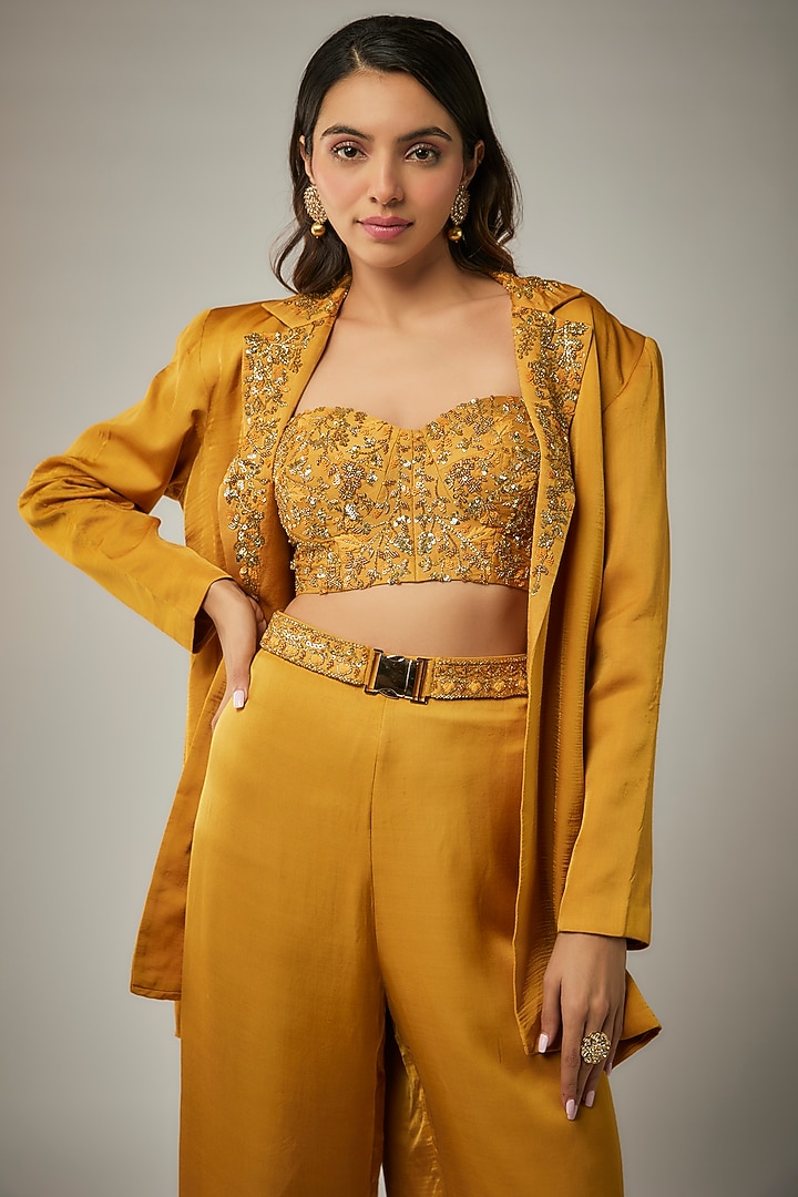 Mustard Yellow Satin Thread & Sequins Embellished Blazer Set by MARGI at Pernia's Pop Up Shop