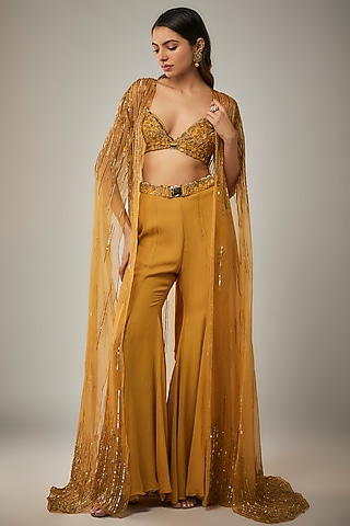 Mustard Yellow Georgette Hand Embroidered Cape Set by MARGI