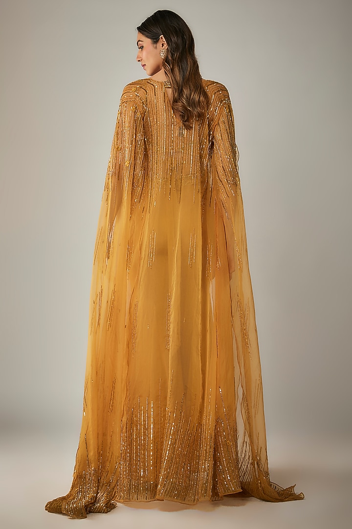 Mustard Yellow Georgette Hand Embroidered Cape Set by MARGI at Pernia's Pop Up Shop