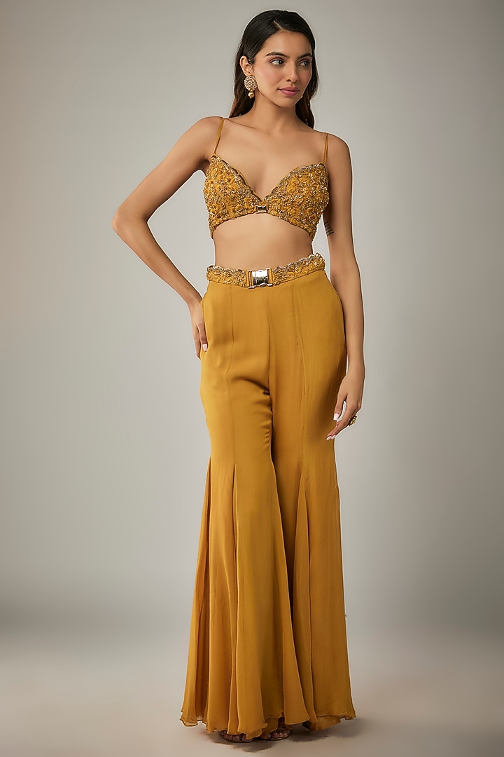 Mustard Yellow Georgette Hand Embroidered Cape Set by MARGI at Pernia's Pop Up Shop