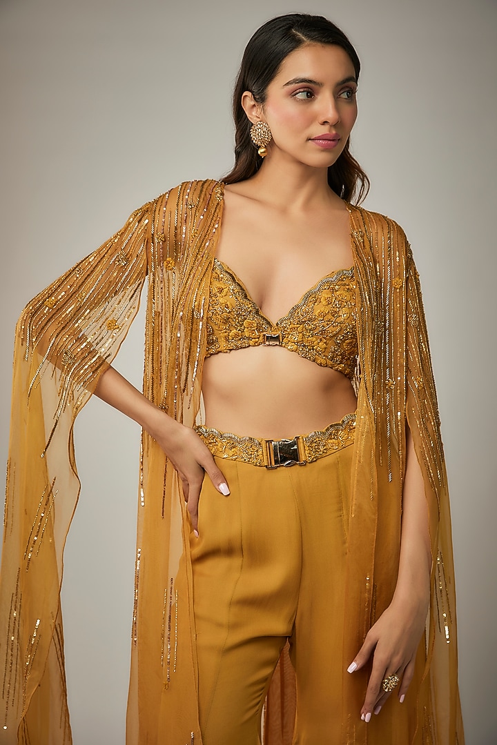 Mustard Yellow Georgette Hand Embroidered Cape Set by MARGI at Pernia's Pop Up Shop