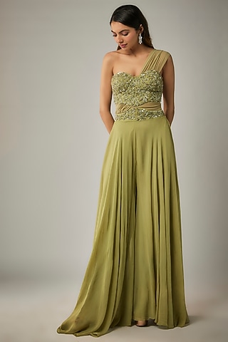 Sage Green Georgette & Net Thread Embellished Jumpsuit by MARGI