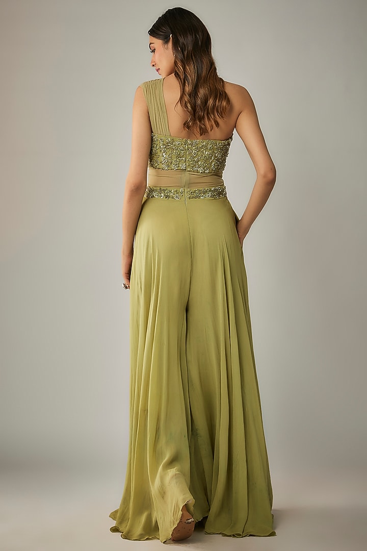 Sage Green Georgette & Net Thread Embellished Jumpsuit by MARGI at Pernia's Pop Up Shop