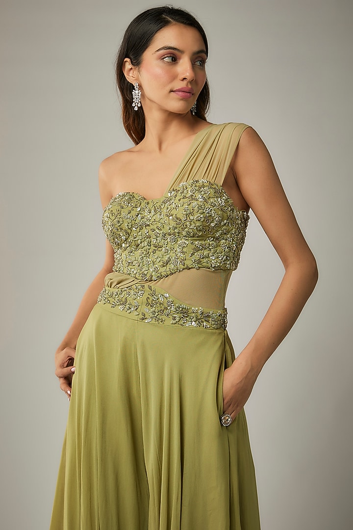Sage Green Georgette & Net Thread Embellished Jumpsuit by MARGI at Pernia's Pop Up Shop