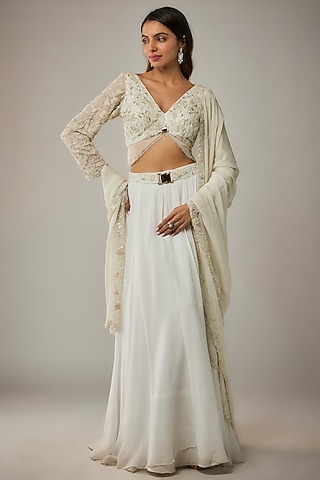 Ivory Organza Hand Embellished Lehenga Set by MARGI