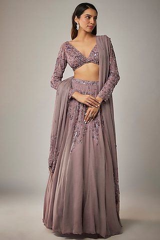 Lavender Georgette Bead Embroidered Lehenga Set by MARGI