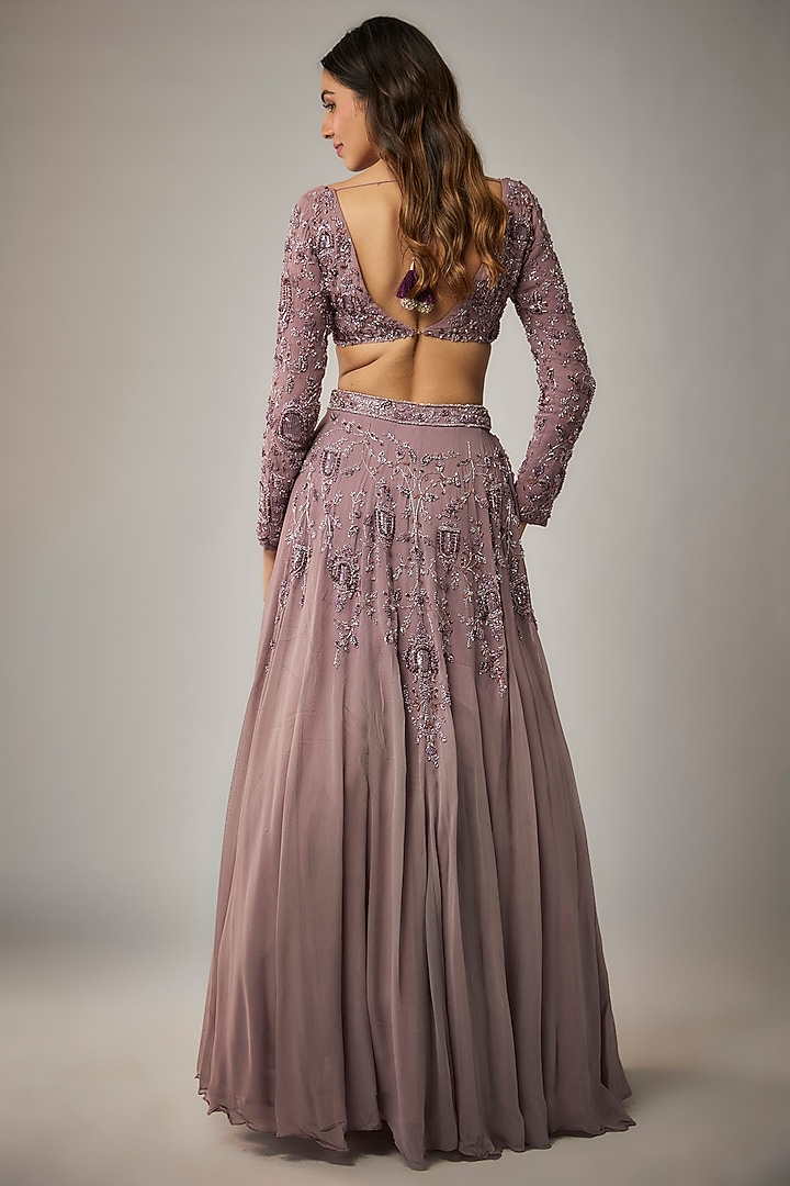 Lavender Georgette Bead Embroidered Wedding Lehenga Set by MARGI at Pernia's Pop Up Shop
