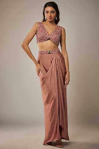 Rose Pink Georgette Draped Skirt Set by MARGI