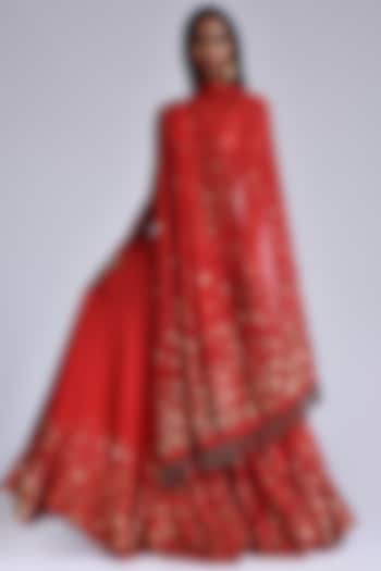 Red Hand Embroidered Lehenga Set by Marichi