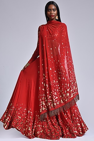 Red Hand Embroidered Lehenga Set by Marichi