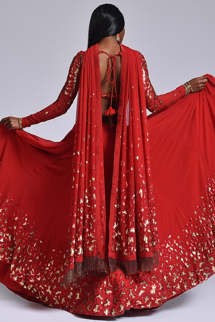 Red Hand Embroidered Bridal Lehenga Set by Marichi at Pernia's Pop Up Shop
